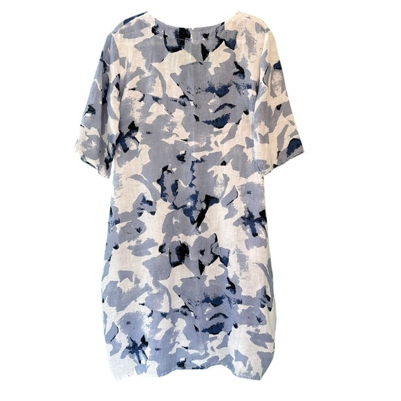 WoolOvers Womens Linen Tunic Dress Blue White Lagenlook Print Pockets Size 10 - Picture 3 of 12